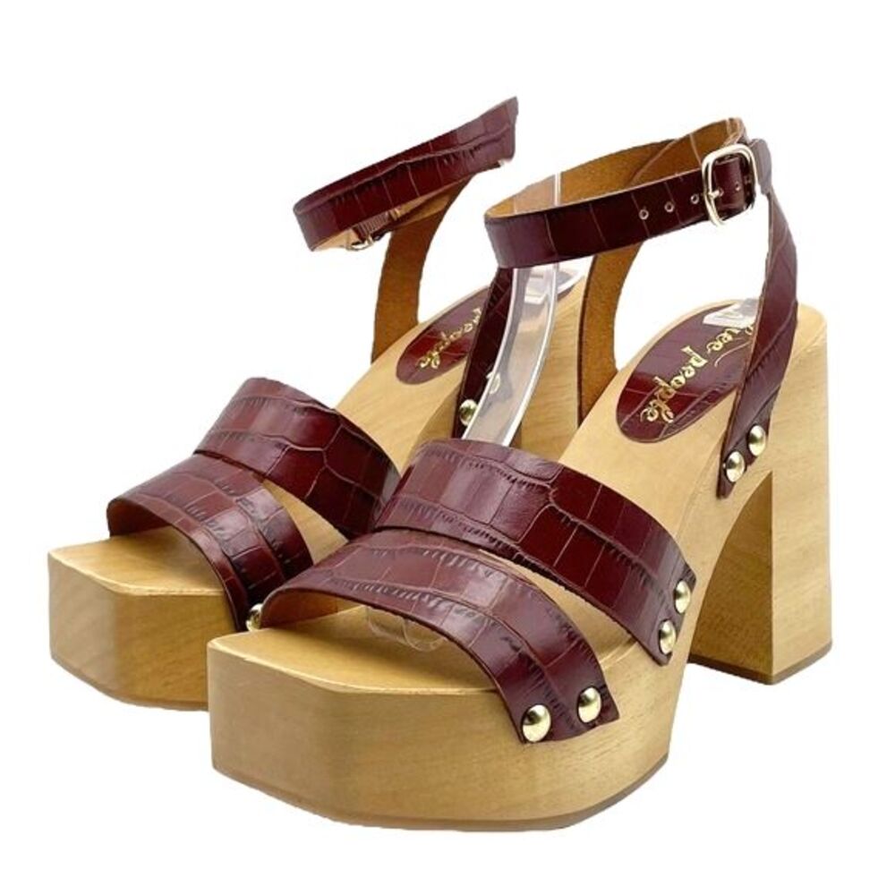 NWT Free People Mallory Brown Leather Clog Platform Ankle Wrap Sandal Size 8 NEW - Picture 2 of 16